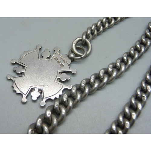 1084 - A silver Albert chain with fob, 67g, 37.5cm chain (length without fob) including dog clip