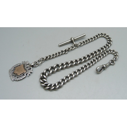 1085 - A silver Albert chain and fob, 52g, 37cm (length without fob) including dog clip