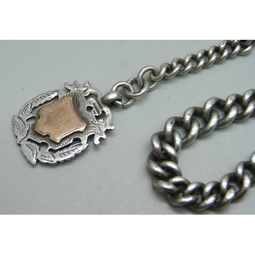 1085 - A silver Albert chain and fob, 52g, 37cm (length without fob) including dog clip