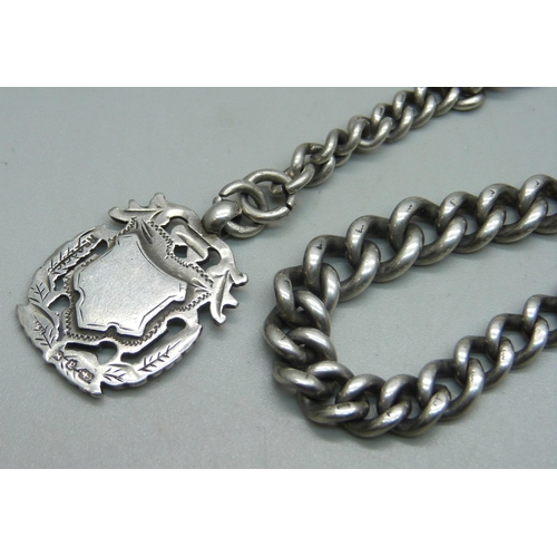 1085 - A silver Albert chain and fob, 52g, 37cm (length without fob) including dog clip