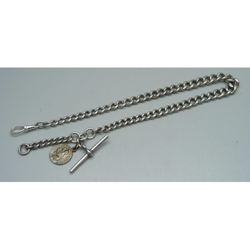 1086 - A silver Albert chain with plated pendant and modern silver dog clip, 41g, 36cm chain