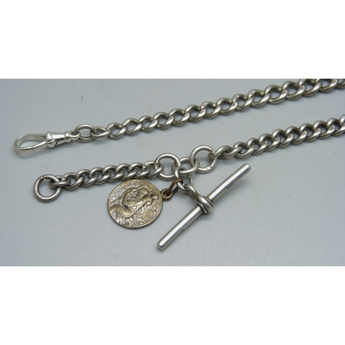 1086 - A silver Albert chain with plated pendant and modern silver dog clip, 41g, 36cm chain