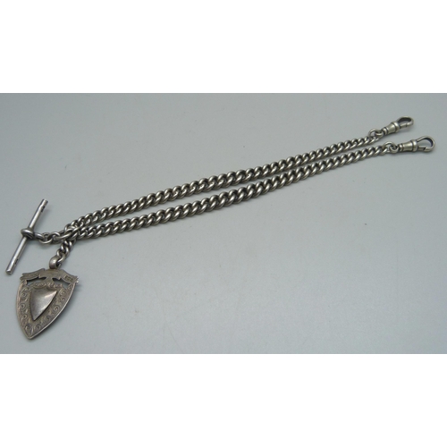 1087 - A silver Albert chain and fob, 54g, 37.5cm including dog clips