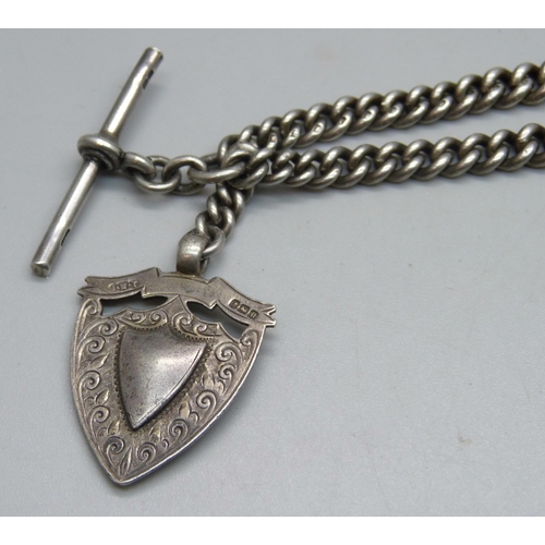 1087 - A silver Albert chain and fob, 54g, 37.5cm including dog clips