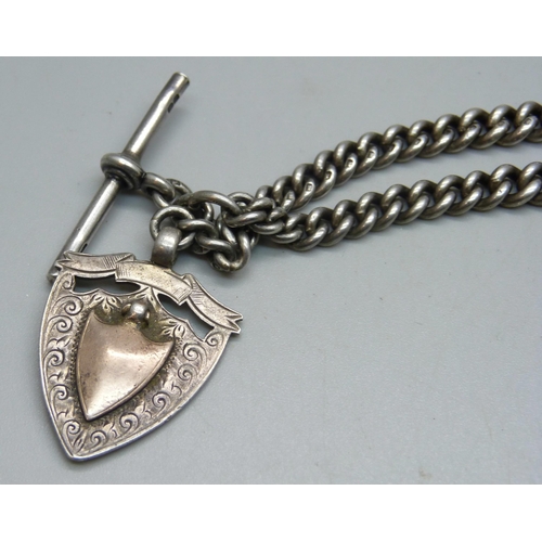 1087 - A silver Albert chain and fob, 54g, 37.5cm including dog clips