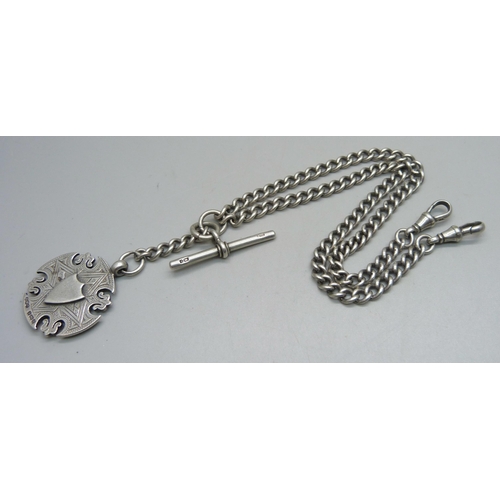 1088 - A silver double Albert chain and fob, 56g, 43cm length including dog clips