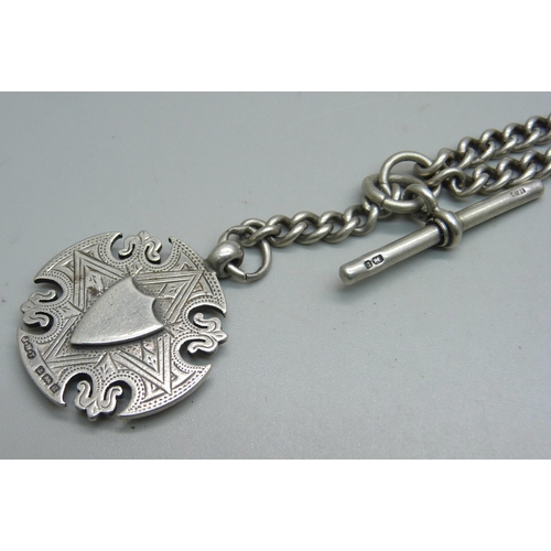 1088 - A silver double Albert chain and fob, 56g, 43cm length including dog clips