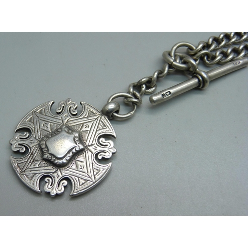 1088 - A silver double Albert chain and fob, 56g, 43cm length including dog clips