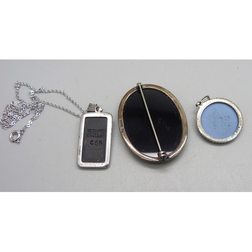 1101 - Three silver mounted pendants including two Wedgwood jasperware, one on a silver plated chain