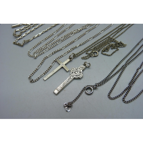 1109 - Two silver chains, a silver pendant, a white metal pendant, and three other chains, 10g of marked si... 