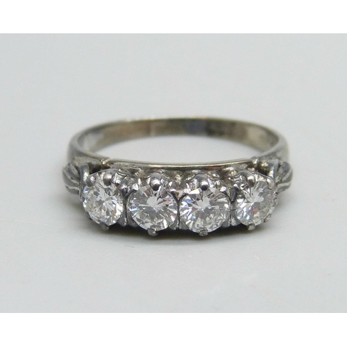 1120 - A platinum, four stone diamond ring, approximately 0.80ct diamond weight, 2.8g, M/N