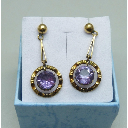 1122 - A pair of 9ct gold colour change sapphire drop earrings, 2.7cm drop, 2.6g