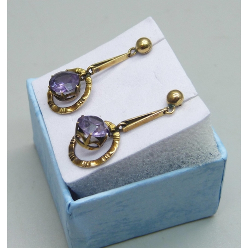 1122 - A pair of 9ct gold colour change sapphire drop earrings, 2.7cm drop, 2.6g