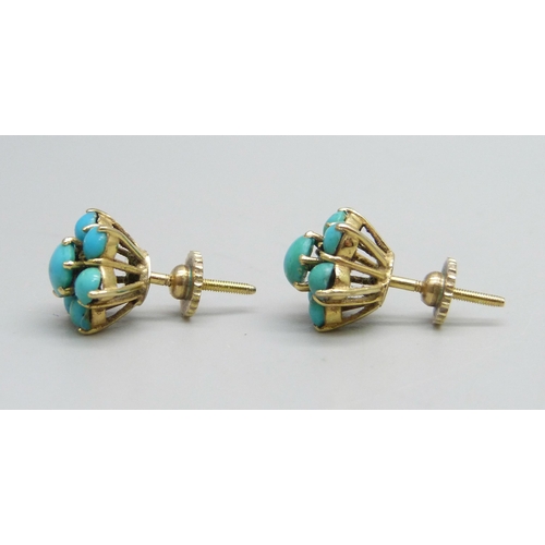 1132 - A pair of yellow metal turquoise cluster earrings, the backings marked 14k, 3.7g, 1cm