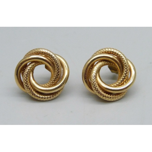 1134 - A pair of 9ct gold knot earrings, hallmarks on posts, 2.1g, 1.2cm