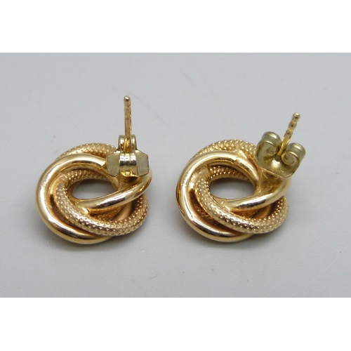 1134 - A pair of 9ct gold knot earrings, hallmarks on posts, 2.1g, 1.2cm