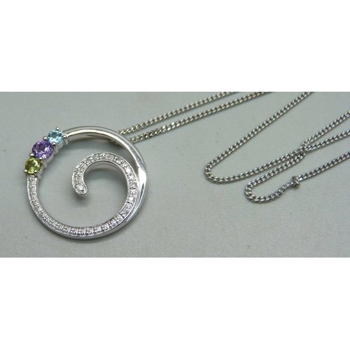 1145 - A 9ct white gold pendant set with diamonds, peridot, amethyst and topaz, with 9ct gold chain, 2.2cm ... 