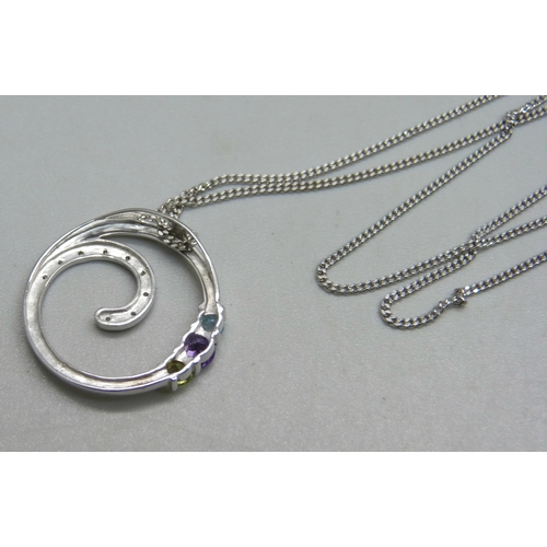 1145 - A 9ct white gold pendant set with diamonds, peridot, amethyst and topaz, with 9ct gold chain, 2.2cm ... 