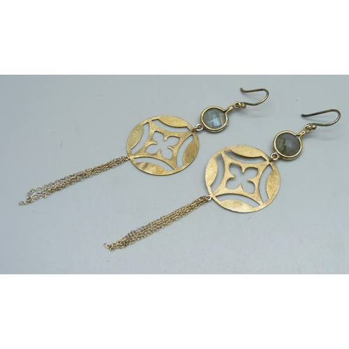 1146 - A pair of silver gilt earrings set with faceted stones, 9.5cm drop