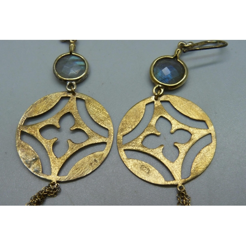 1146 - A pair of silver gilt earrings set with faceted stones, 9.5cm drop