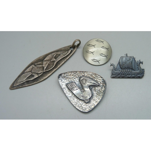 1148 - A Danish brooch, a French pendant, and two other brooches