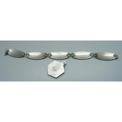 1150 - A Jorgen Jensen Danish pewter pendant, no.181 and panel bracelet, no.170A, 19cm