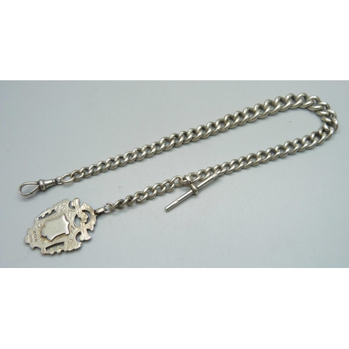 983 - A silver Albert chain with fob, T bar and dog clip, 65g, 33.5cm including clip