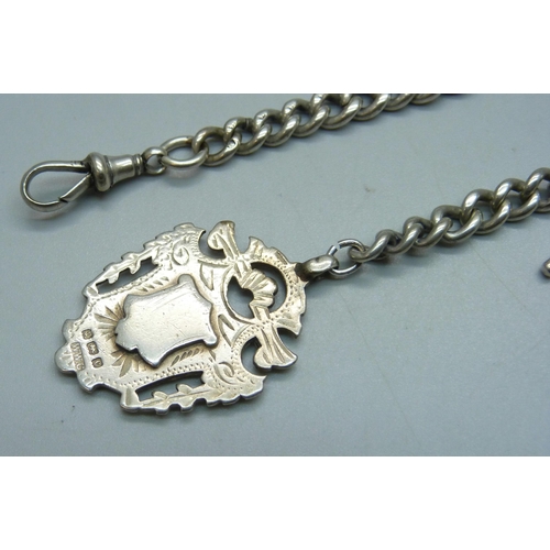 983 - A silver Albert chain with fob, T bar and dog clip, 65g, 33.5cm including clip