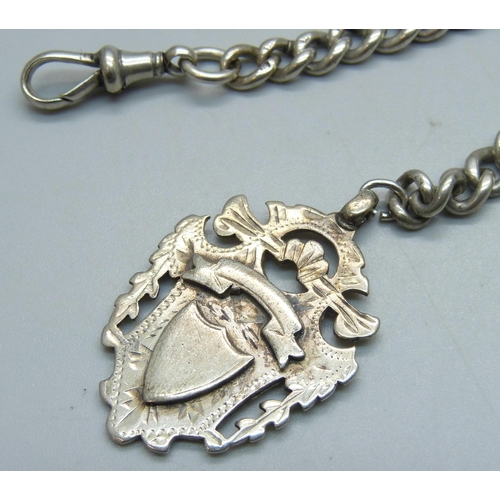 983 - A silver Albert chain with fob, T bar and dog clip, 65g, 33.5cm including clip