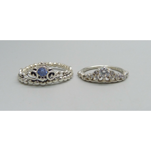 993 - Two silver stone set Pandora rings, both marked S925 ALE, blue stone ring size S, white stone ring s... 