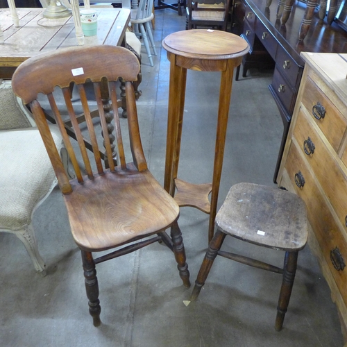 191 - A Victorian beech kitchen chair, a stool and a jardiniere stand