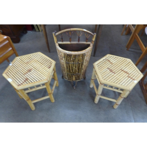 23 - An Italian bamboo and wicker stickstand and two occasional tables