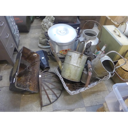 262 - Assorted cast iron drain, hoppers, cistern, galvanised watering cans, etc.