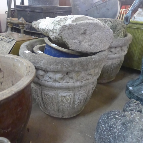 271 - Assorted concrete garden planters and three garden figures