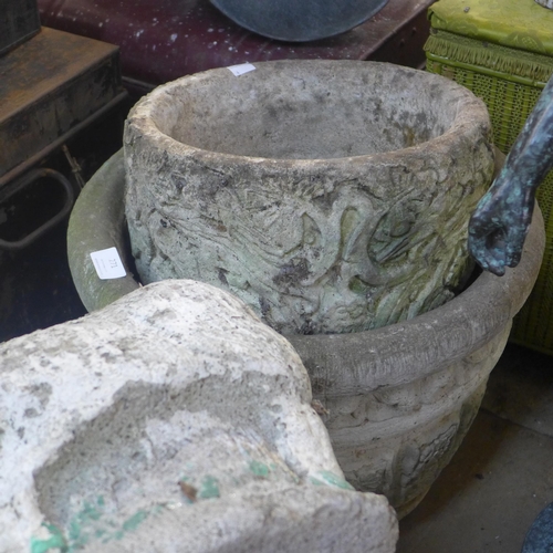 271 - Assorted concrete garden planters and three garden figures