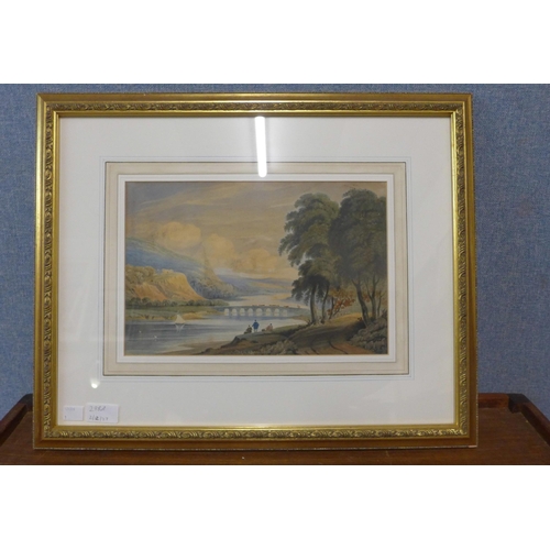 298A - English School (19th Century), landscape with figures by a river, watercolour, framed