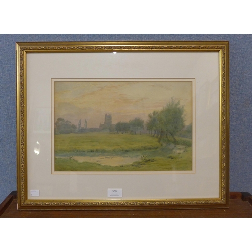 300 - Wilmot Pilsbury (1840-1908), river landscape with a churchin the distance, watercolour, framed