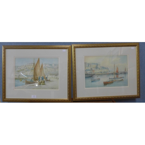 301 - John Mortimer, Brixham Harbour and Brixham Trawlers, watercolour, framed