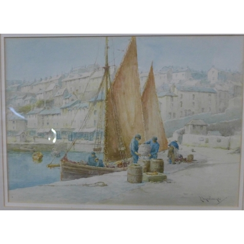 301 - John Mortimer, Brixham Harbour and Brixham Trawlers, watercolour, framed