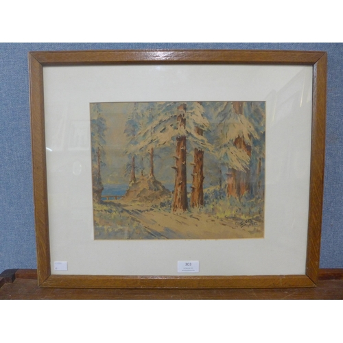 303 - E. Cox, (19th Century), forest landscape, watercolour, framed