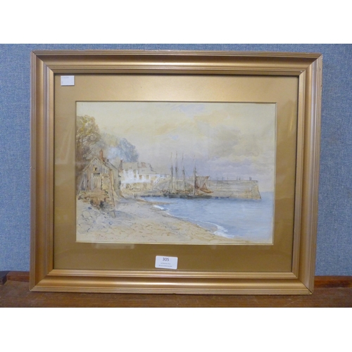 305 - English School, Quayside Boats, watercolour, indistinctly signed, framed