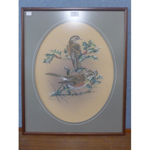 309 - William Lees, study of two birds amongst hollie, watercolour, framed