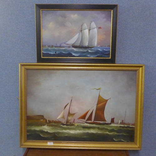 310 - D. Hewitt, two landscapes, shipping at sea, oil on canvas, framed