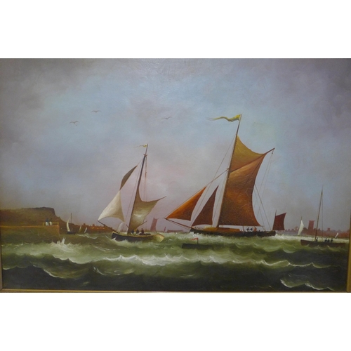 310 - D. Hewitt, two landscapes, shipping at sea, oil on canvas, framed