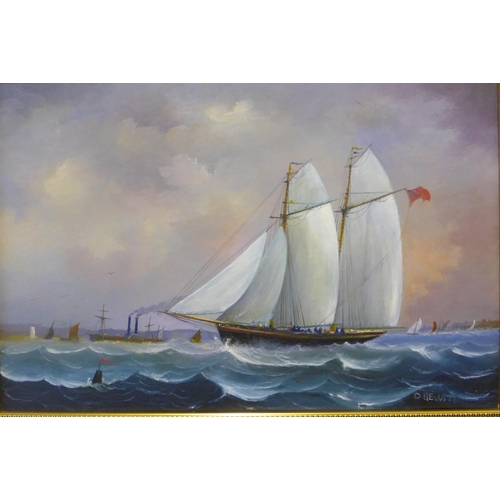 310 - D. Hewitt, two landscapes, shipping at sea, oil on canvas, framed