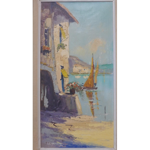 311 - W. Henry, Mediterranean coastal landscape, acrylic on canvas, framed