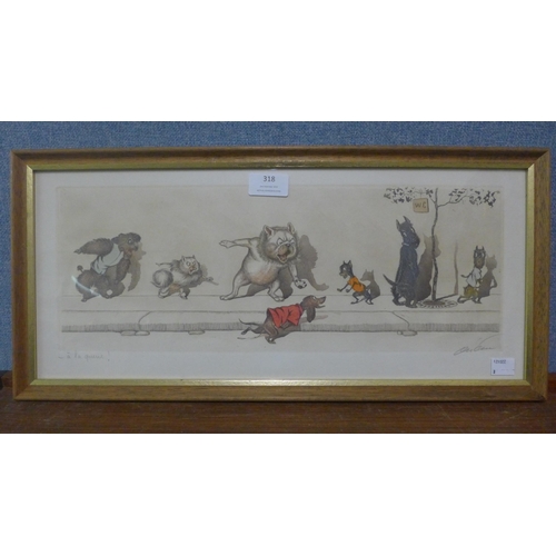 318 - A signed Boris O'Klein colour etching, á la queue, framed