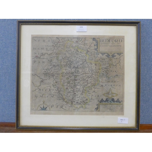 320 - A 17th Century Christopher Saxton & Wilhemus Kip engraved map, Bedford, framed