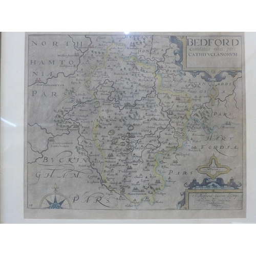 320 - A 17th Century Christopher Saxton & Wilhemus Kip engraved map, Bedford, framed