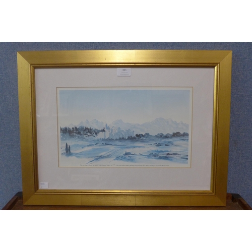 321 - A print, View in the South of France by H.R.H. The Prince of Wales, framed, c.o.a. verso